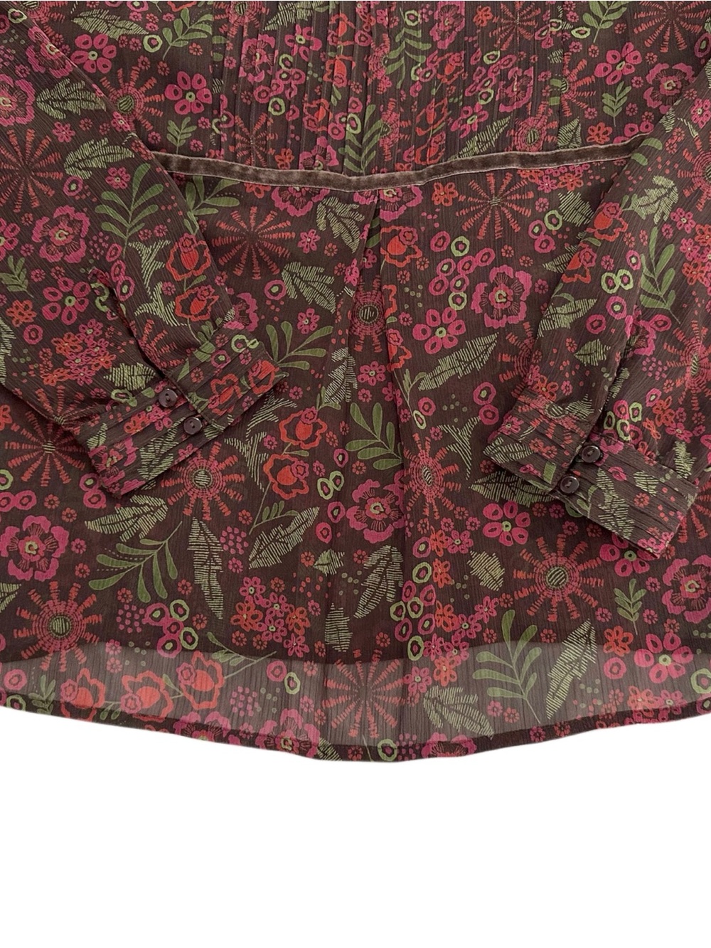 Apt 9 Floral Sheer Blouse Velvet Trim Pintuck Long Sleeve Brown Pink L - Picture 8 of 11